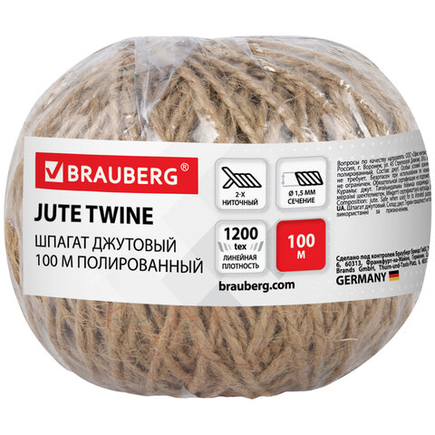 Шпагат джутовый BRAUBERG, полированный, 100 м, 2 нити, диаметр 1,5 мм