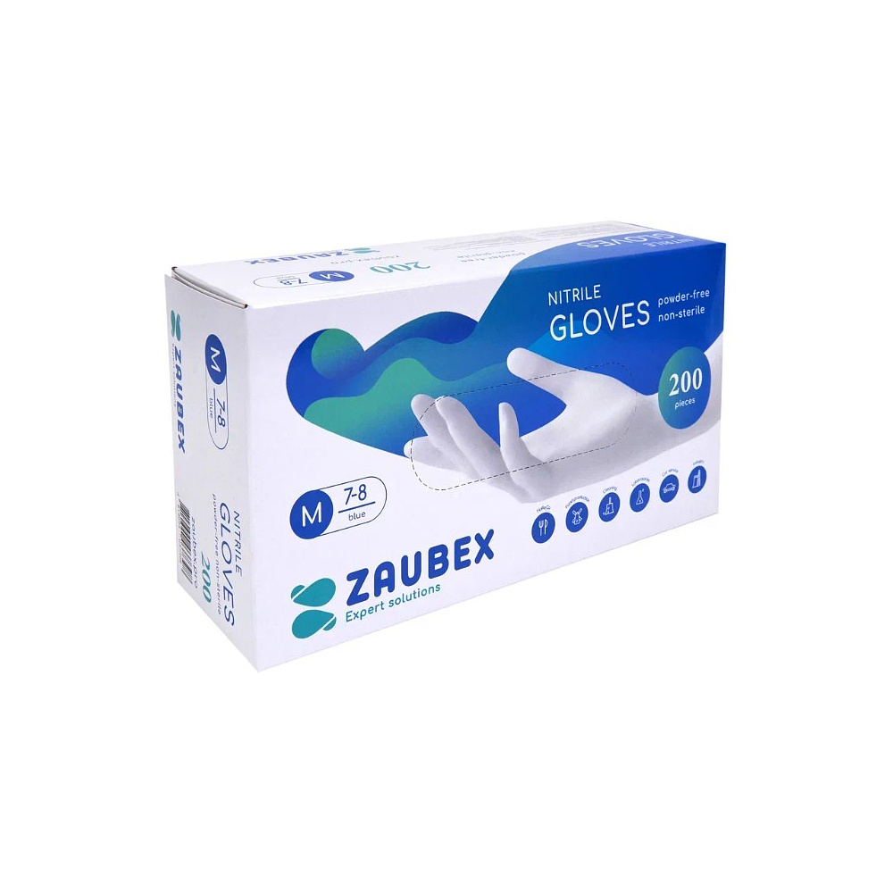 Перчатки нитриловые   неопудренные одноразовые   Zaubex, р-р M 200 шт./уп. голубой