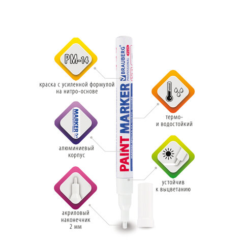 Маркер-краска BRAUBERG Profesional Plus (paint marker) лаковый белый 2 мм ( нитро-основа)
