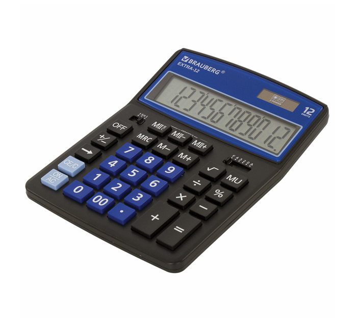 Калькулятор настольный BRAUBERG EXTRA-12-BK (206x155 мм), 12 разрядов, двойное питание, чёрно-синий