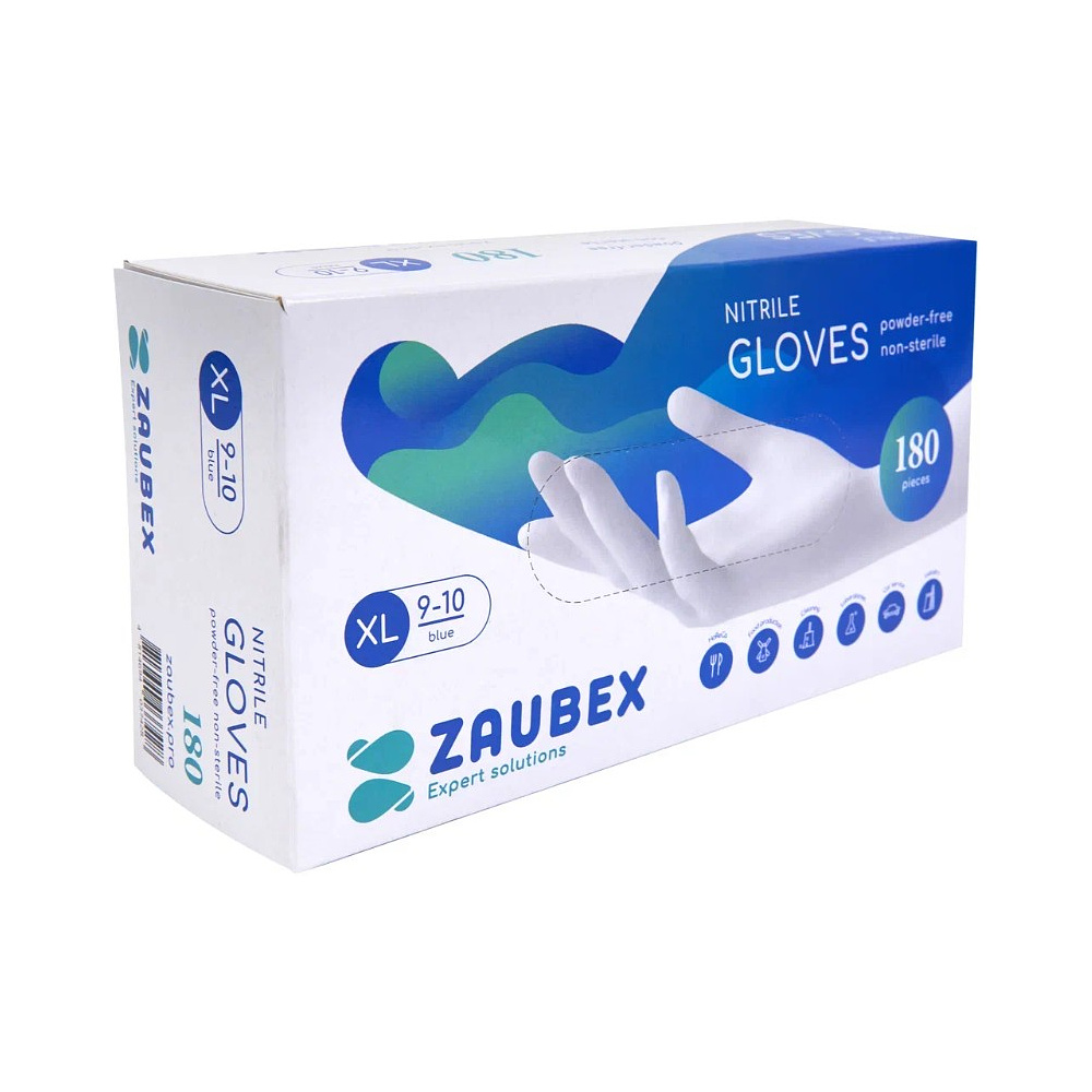 Перчатки нитриловые   неопудренные одноразовые   Zaubex, р-р XL 180 шт./уп. голубой