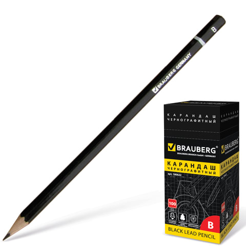 Карандаш чернографитный BRAUBERG, "Touch line", твердость В, корпус черный, заточенный