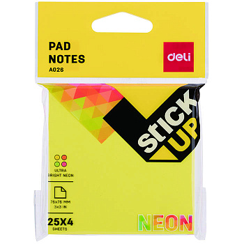 Бумага для заметок на клейкой основе 76*76 мм "Deli" 4*25 л., ассорти